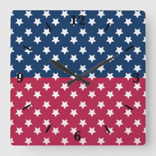 Horloge Carrée Bloc De Couleurs Bleu Et Rouge Avec Étoiles Blanch