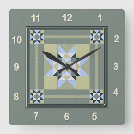 Horloge Carrée Bloc Quilt Complex Star Patch en vert (Recto)