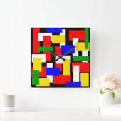 Horloge Carrée Blocs rouge, jaune, noir, bleu et vert (Maison)