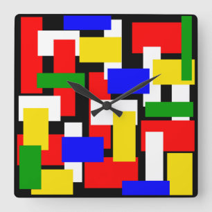 Horloge Carrée Blocs rouge, jaune, noir, bleu et vert