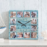 Horloge Carrée Blue beach Driftwood Planks Rustic Nautical<br><div class="desc">Easily create your own personalized blue rustic driftwood planks lake house wall clock with your custom The template uses a photo filtre to create a more coordinated look. Pour les meilleurs résultats,  crop the images to square - with the focus point in the center - before uploading.</div>