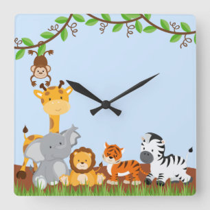 Horloge Carrée Blue Cute Baby Animals Wall Clocks