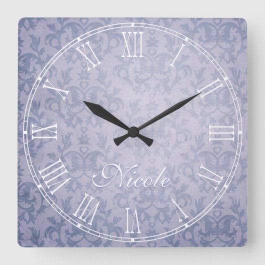 Horloge Carrée Blue faded kangaroo paw damask name wall clock (Recto)