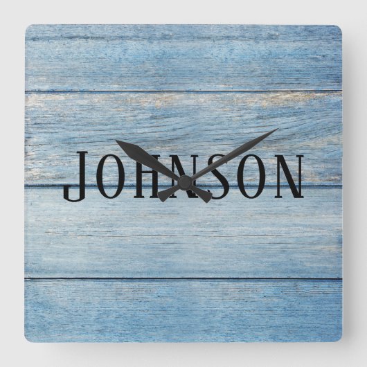Horloge Carrée blue faded wood family name (Recto)