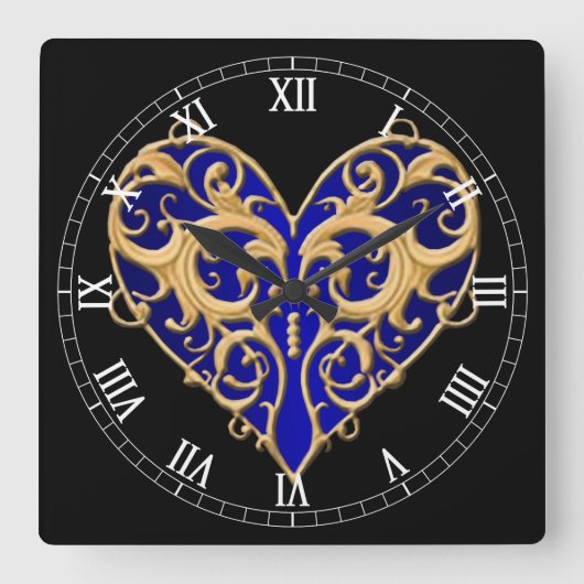Horloge Carrée Blue Filigree Heart Roman Numeral Clock (Recto)