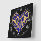 Horloge Carrée Blue Filigree Heart Roman Numeral Clock (Angle)