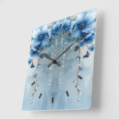 Horloge Carrée Blue Flowers and Pearls Wall Clock (Angle)