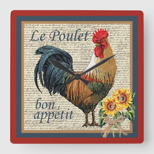 Horloge Carrée Blue French Country Kitchen Rooster (Recto)