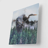 Horloge Carrée Blue Heron & Misty Forest Wildlife (Angle)
