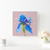 Horloge Carrée Blue Iris moderne aquarelle florale art (Maison)