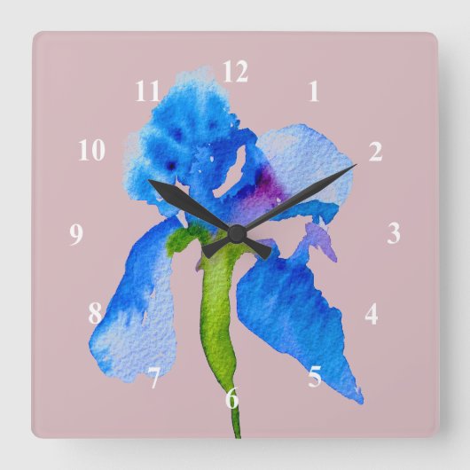 Horloge Carrée Blue Iris moderne aquarelle florale art (Recto)