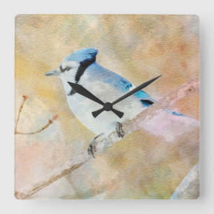 Horloge Carrée Blue Jay Aquarelle Mur Conception