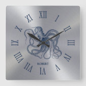 Horloge Carrée Blue Octopus Roman Numerals On Dark Silver (Recto)