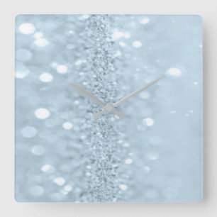 Horloge Carrée Blue Pastel Parties scintillant Gris Métal Étincel