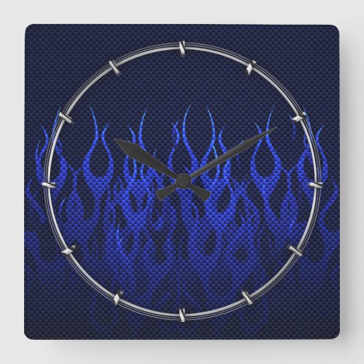 Horloge Carrée Blue Racing Flames on Carbon Fiber (Recto)
