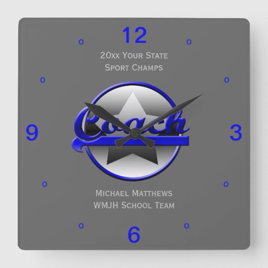 Horloge Carrée Blue Star Coach Name and School Square Clock (Recto)