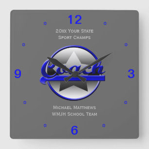 Horloge Carrée Blue Star Coach Name and School Square Clock