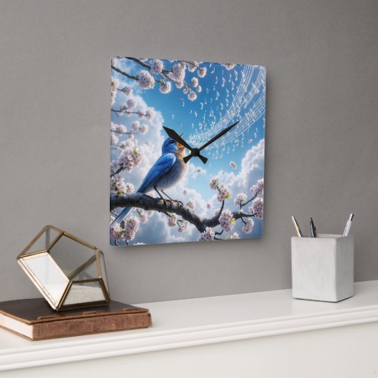 Horloge Carrée Bluebird chante sur une branche de cerisier (Bureau)