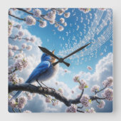 Horloge Carrée Bluebird chante sur une branche de cerisier (Recto)