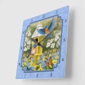 Horloge Carrée Bluebirds et Hexagon Birdhouse Blue (Angle)