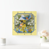 Horloge Carrée Bluebirds et Rond Birhouse Jaune (Maison)