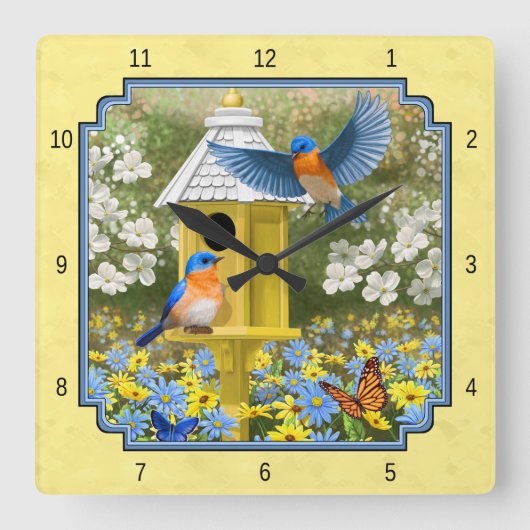 Horloge Carrée Bluebirds et Rond Birhouse Jaune (Recto)