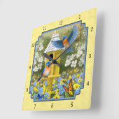 Horloge Carrée Bluebirds et Rond Birhouse Jaune (Angle)