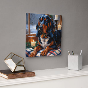 Horloge Carrée Bluetick Coonhound avec lumières de Noël Vacances