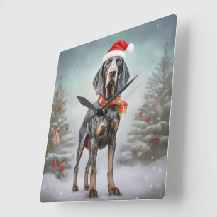 Horloge Carrée Bluetick Coonhound Dog en Noël de neige