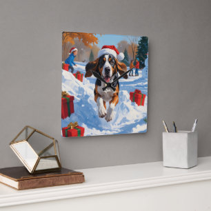Horloge Carrée Bluetick Coonhound Noël Festive Scène de neige