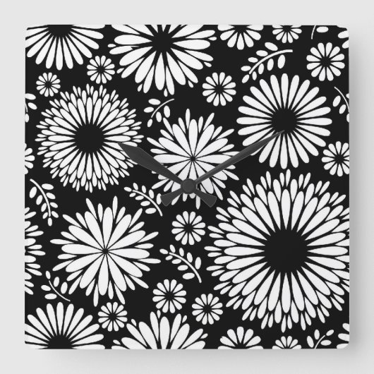Horloge Carrée Boho fleurs Motif floral vectoriel noir et blanc (Recto)