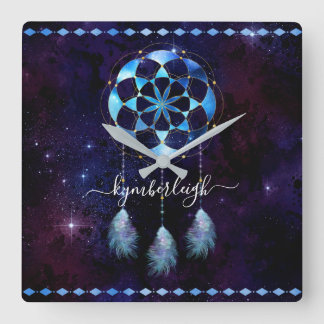 Horloge Carrée Boho Indigo Tribal Celestial Mandala Dreamcatcher