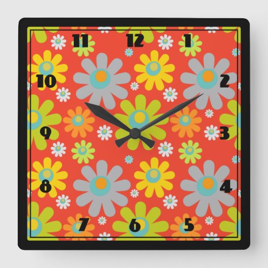 Horloge Carrée Boho Multicolor Daisées Sur Orange (Recto)