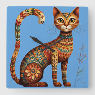 Horloge Carrée Boho Tribal Chat Mignon Art Populaire avec Fleurs