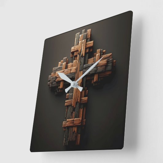 Horloge Carrée Bois Croix murale (Angle)