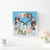 Horloge Carrée Bois de collage photo de famille (Maison)