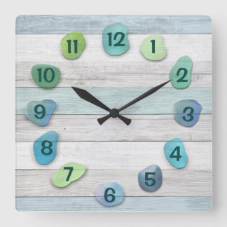 Horloge Carrée Bois d'hiver en verre de mer