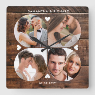 Horloge Carrée Bois foncé 4 Photo Collage Anniversaire Mariage