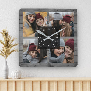 Horloge Carrée Bois Gris Rustique 4 Photos Collage de Photos de F