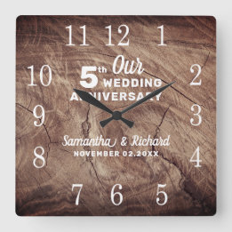 Horloge Carrée Bois rustique 5e anniversaire Mariage Personnalisé