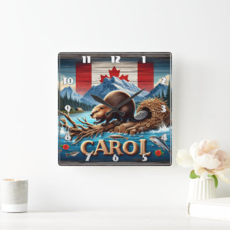 Horloge Carrée Bois rustique, Castor canadien, Océan
