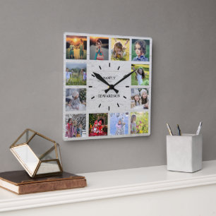 Horloge Carrée Bois rustique Famille photo collage nom monogramme