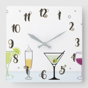 Horloge Carrée Boissons Cocktails Bulles Alcool Vin Verre Cuisine