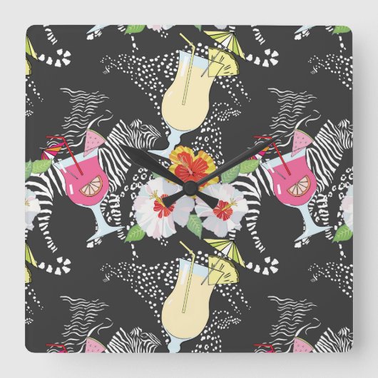 Horloge Carrée Boissons Tropicales Avec Animaux (Recto)