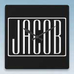Horloge Carrée Bold & Modern Your name or Word | White On Black<br><div class="desc">Bold et moderne.</div>