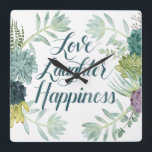 Horloge Carrée Bonheur plante | Amour rire bonheur<br><div class="desc">Profitez de ce design de typographie succulent et créatif sur un produit ou une pièce murale pour mettre en valeur et ajouter au monde qui vous entoure. Artiste : Grace Popp</div>