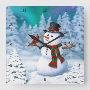 Horloge Carrée Bonhomme de neige joyeux de Noël & Oiseaux Scène h