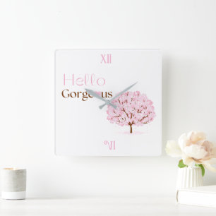 Horloge Carrée Bonjour Magnifique, Arbre Fleur Rose