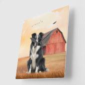 Horloge Carrée Border Collie Dog and Red Barn Ranch (Angle)
