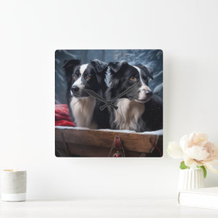 Horloge Carrée Border Collie enneigé Luge Décor de Noël